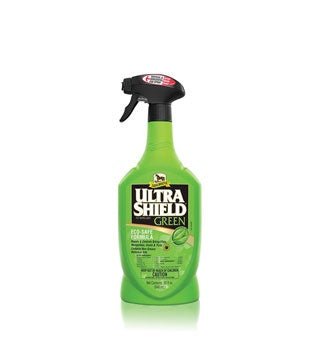 A green spray bottle of UltraShield Green natural fly spray with a black trigger nozzle.