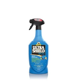A blue spray bottle of UltraShield Sport weather resistant fly spray for horses.