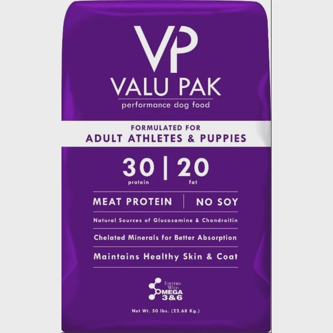 A 50-pound bag of Valu-Pak performance dog food for adult athletes and puppies.