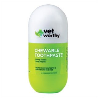A white and green bottle of Vet Worthy chewable toothpaste for dogs.