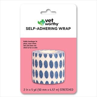 A roll of Vet Worthy self-adhering wrap with a blue oval pattern on a white background.