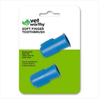 Two blue rubber finger toothbrushes for dogs packaged on a white and green card.