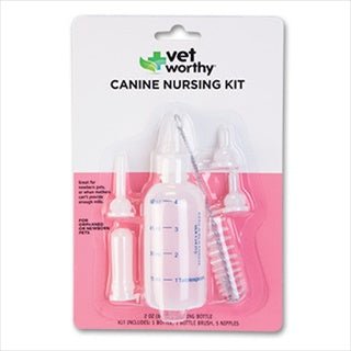A Vet Worthy canine nursing kit containing a two-ounce bottle, a cleaning brush, and five nipples.