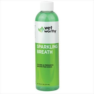 A bottle of Vet Worthy Sparkling Breath water additive for dogs with a green label.