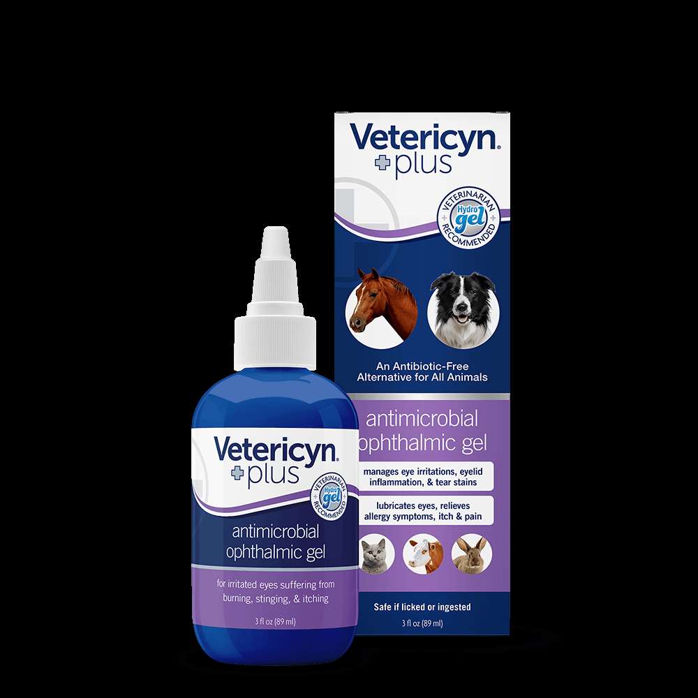 A bottle and box of Vetericyn Plus antimicrobial ophthalmic gel for animals.