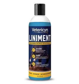A 16 fluid ounce bottle of Vetericyn Mobility Liniment with a blue and white label.