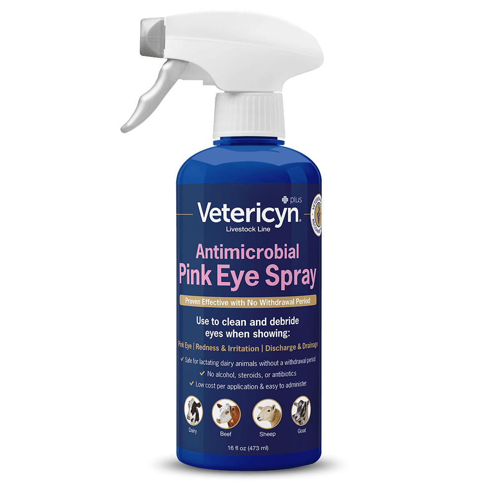 A 16-ounce bottle of Vetericyn Plus antimicrobial pink eye spray with a trigger nozzle.