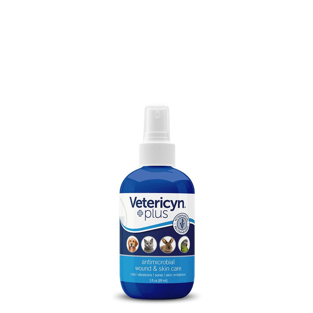 A 3 fluid ounce spray bottle of Vetericyn Plus antimicrobial wound and skin care for pets.