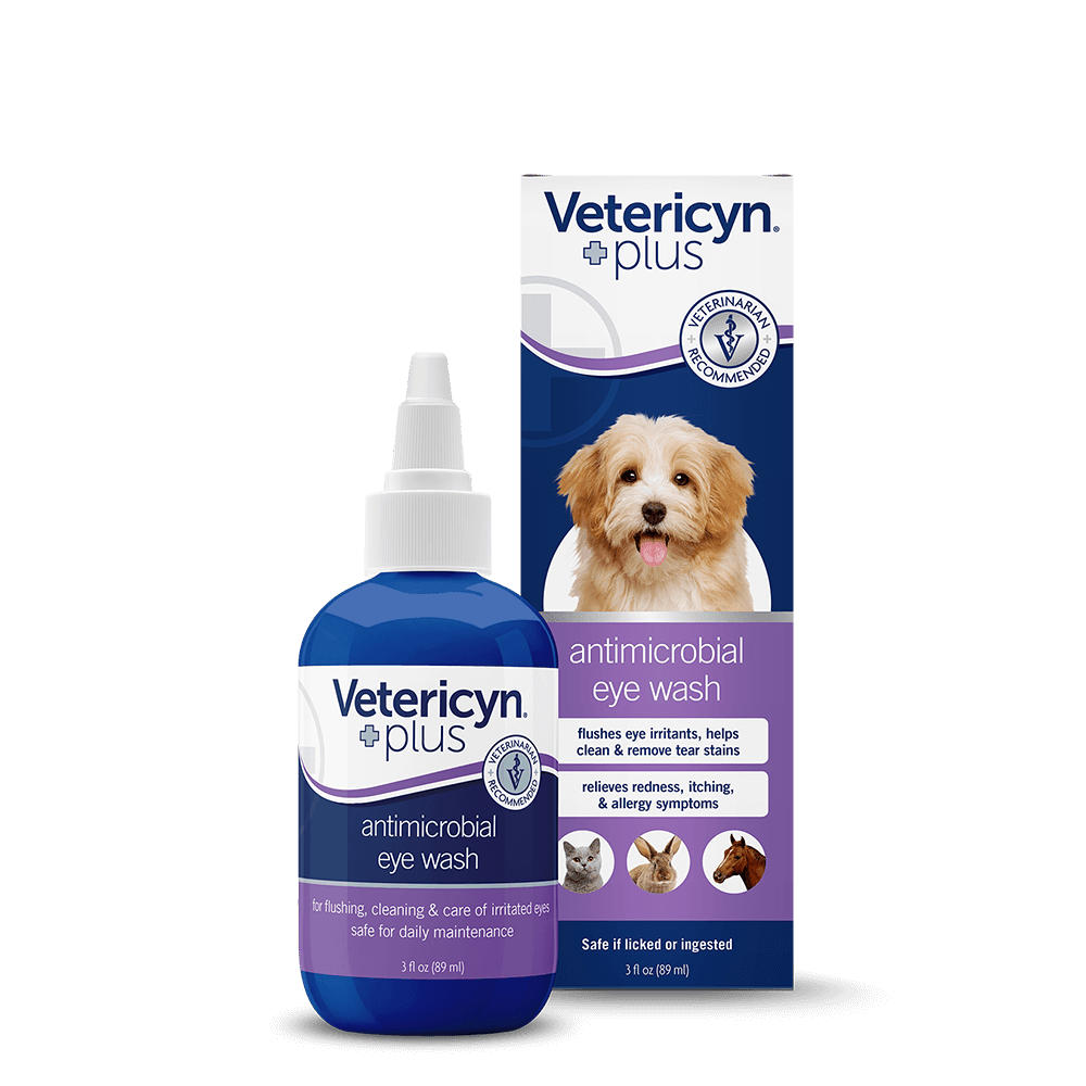 A bottle and box of Vetericyn Plus antimicrobial eye wash for pets.