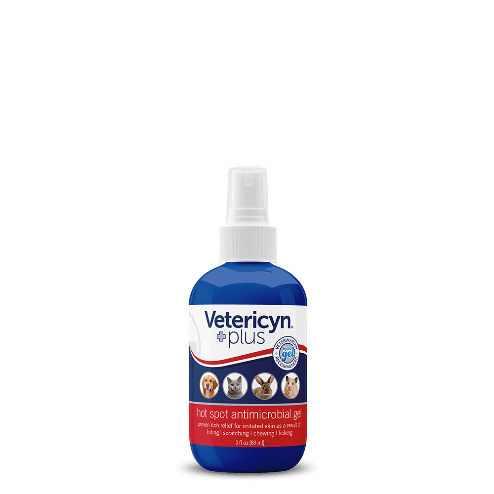 A 3 fluid ounce spray bottle of Vetericyn Plus hot spot antimicrobial gel for pets.