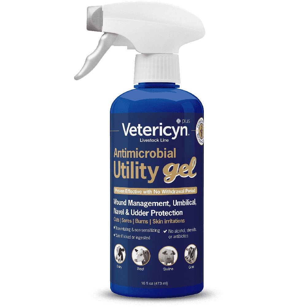 A 16-ounce spray bottle of Vetericyn Plus antimicrobial utility gel for livestock.
