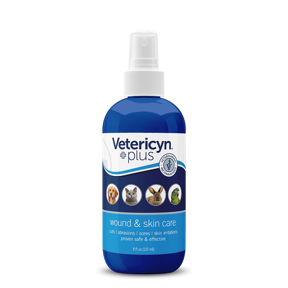 An eight-ounce spray bottle of Vetericyn Plus wound and skin care for animals.