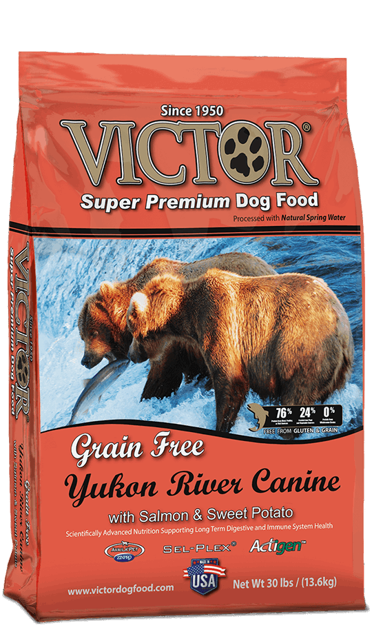 A 30-pound bag of Victor Grain Free Yukon River dog food featuring a picture of two bears.