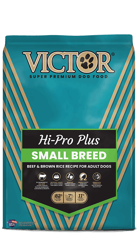 A bag of Victor Hi-Pro Plus Small Breed beef and brown rice recipe dog food.