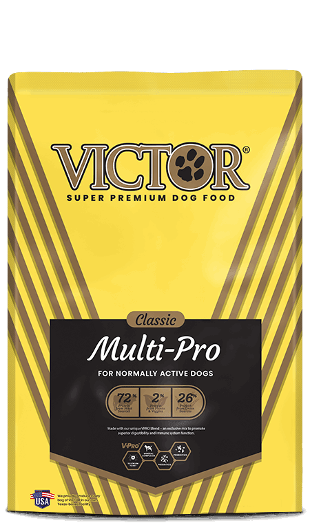 A bag of Victor Multi-Pro dog food with yellow packaging and black branding.