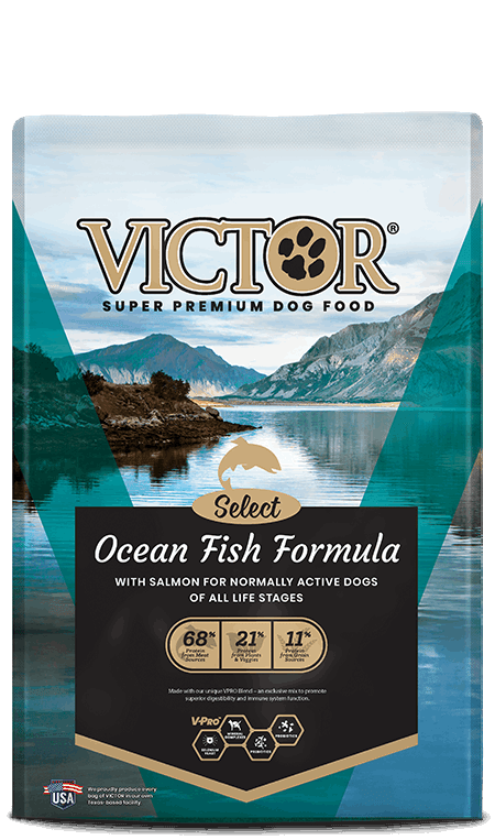 A bag of Victor Ocean Fish Formula dog food featuring a mountain and lake landscape.