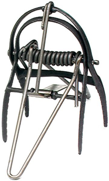 A metal scissor-style mole trap with a spring-loaded mechanism for underground use.