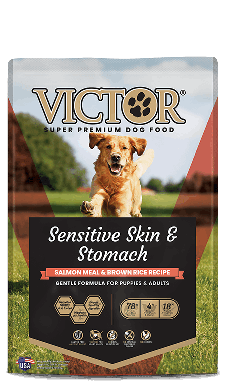 A bag of Victor Sensitive Skin and Stomach salmon meal and brown rice dog food.