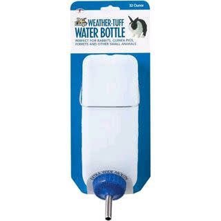 A 32-ounce white plastic water bottle with a stainless steel nozzle for small animals.