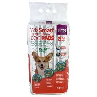 A package of 30 WizSmart Earth Friendly dog pads featuring a picture of a corgi.