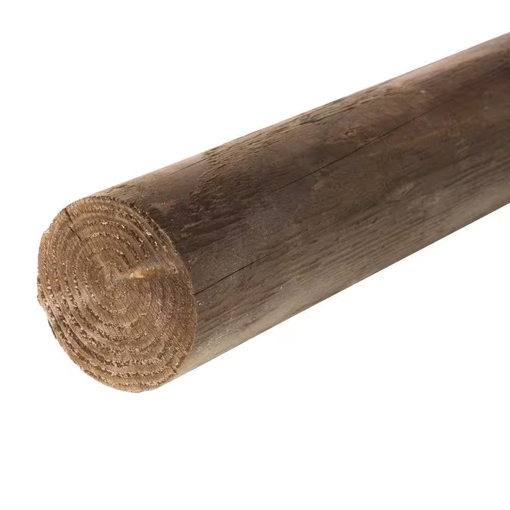 A pressure-treated round wooden post with visible growth rings on the cut end.