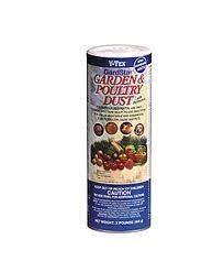 A container of Y-Tex Garden and Poultry Dust insecticide for use on plants and animals.