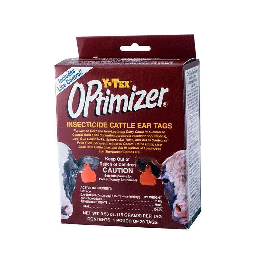 A box of Y-Tex Optimizer insecticide ear tags containing twenty individual tags.