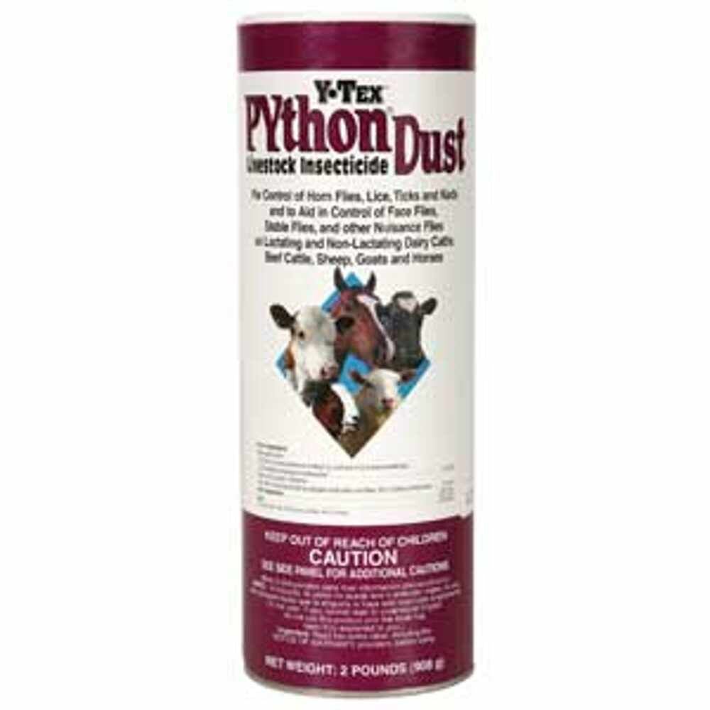 A two-pound container of Y-Tex Python Dust insecticide featuring images of livestock.