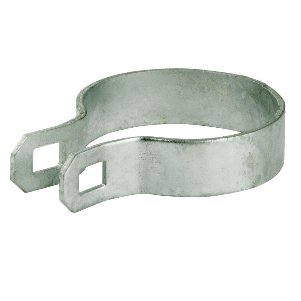 A galvanized steel brace band for a chain link fence with two square bolt holes.