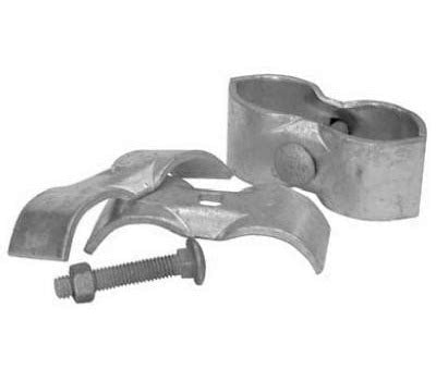A galvanized steel chain link fence panel clamp set with two brackets and a bolt and nut.
