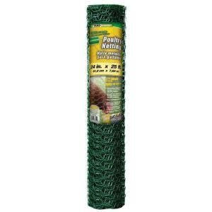 A roll of green vinyl-coated hexagonal poultry netting measuring 24 inches by 25 feet.