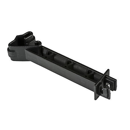 A black plastic Zareba backside insulator designed to snap onto a studded T-post.