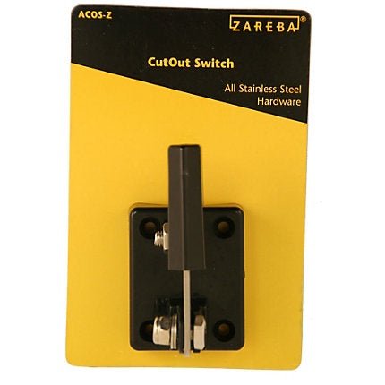 A Zareba electric fence cut-off switch with a black handle mounted on a yellow display card.