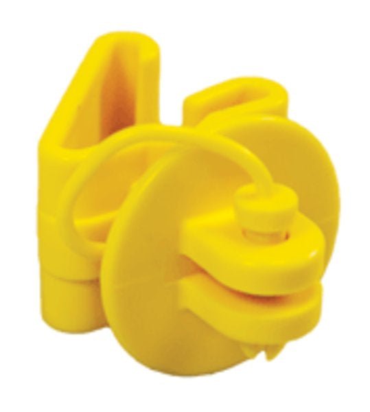 A yellow plastic pin-lock insulator designed for attaching electric fencing wire to T-posts.