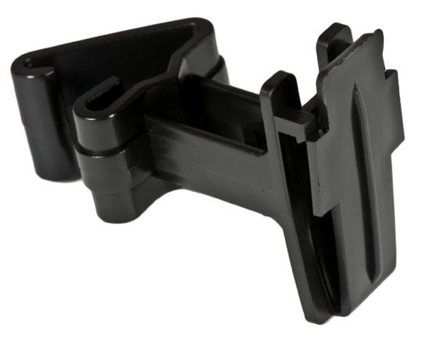 A black plastic Zareba polytape T-post insulator designed to attach to studded fence posts.