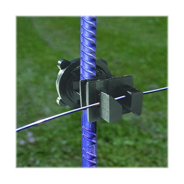 A black screw-on rod post insulator attached to a blue metal post holding an electric fence wire.