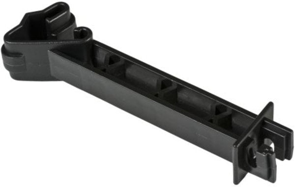 A black plastic snap-on insulator designed to extend electric fencing wire from a T-post.