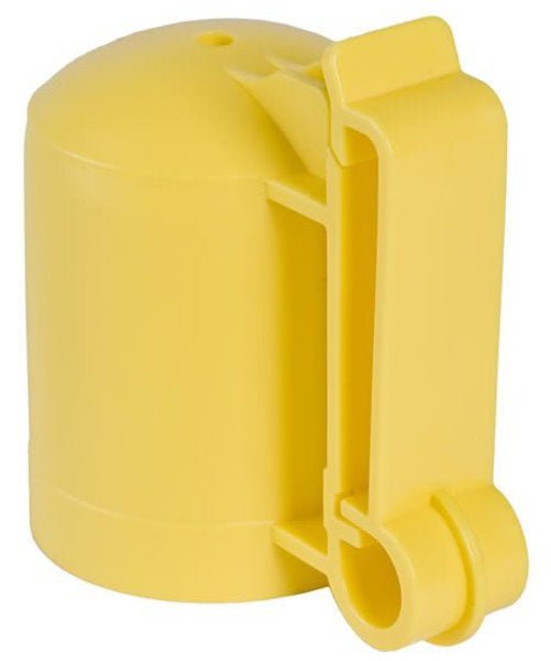 A yellow plastic T-post safety cap and insulator with a clip-on design.
