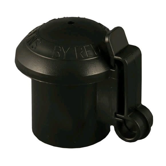 A black plastic T-post safety cap and insulator with a side-mounted wire clip.
