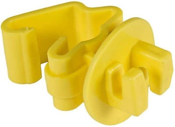 A yellow plastic wrap-around insulator designed to attach to a studded T-post for electric fencing.