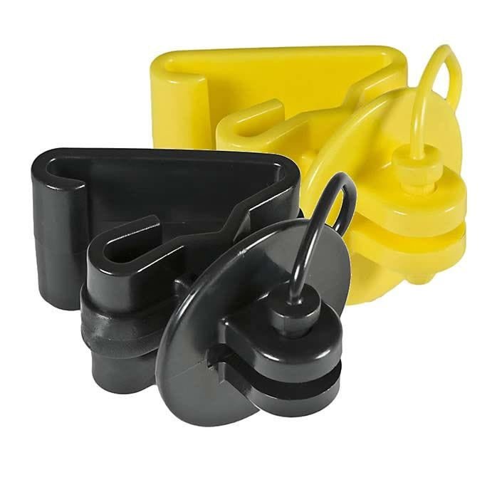 A black and a yellow Zareba T-post pin-lock insulator shown from a side angle.