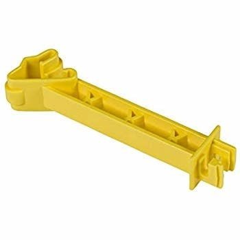 A yellow plastic T-post extender insulator designed to hold electric fencing wire.