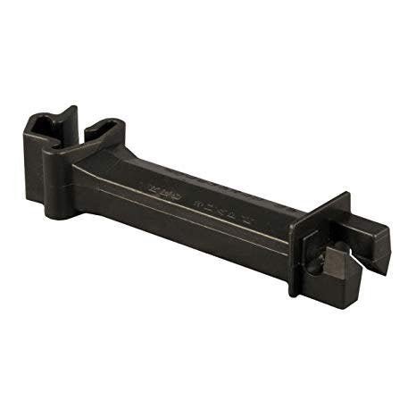A black plastic T-post extender insulator designed to hold electric fencing wire five inches away.