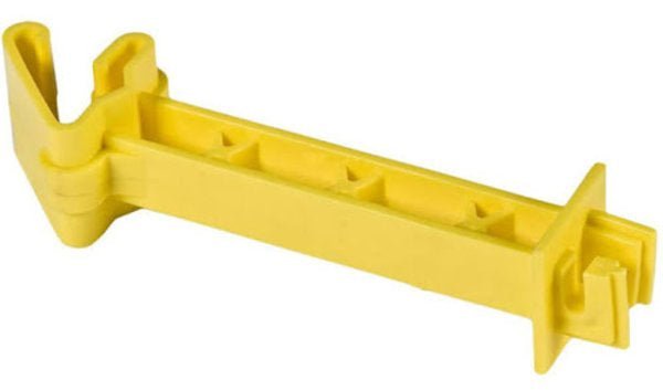 A yellow plastic T-post extender insulator designed to hold electric fencing wire five inches away.