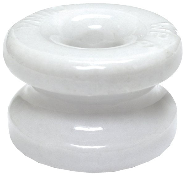 A white porcelain ceramic spool insulator with a smooth, rounded design.