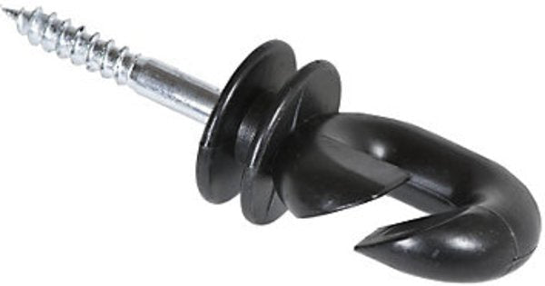 A black screw-in insulator for wood posts with an angled slot for wire retention.