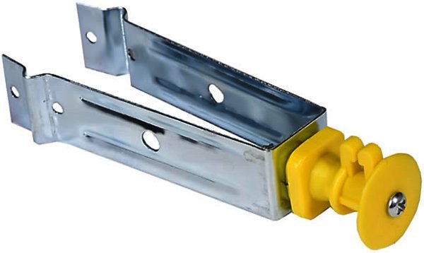 A yellow plastic electric fence insulator attached to a metal bracket for chain link fences.