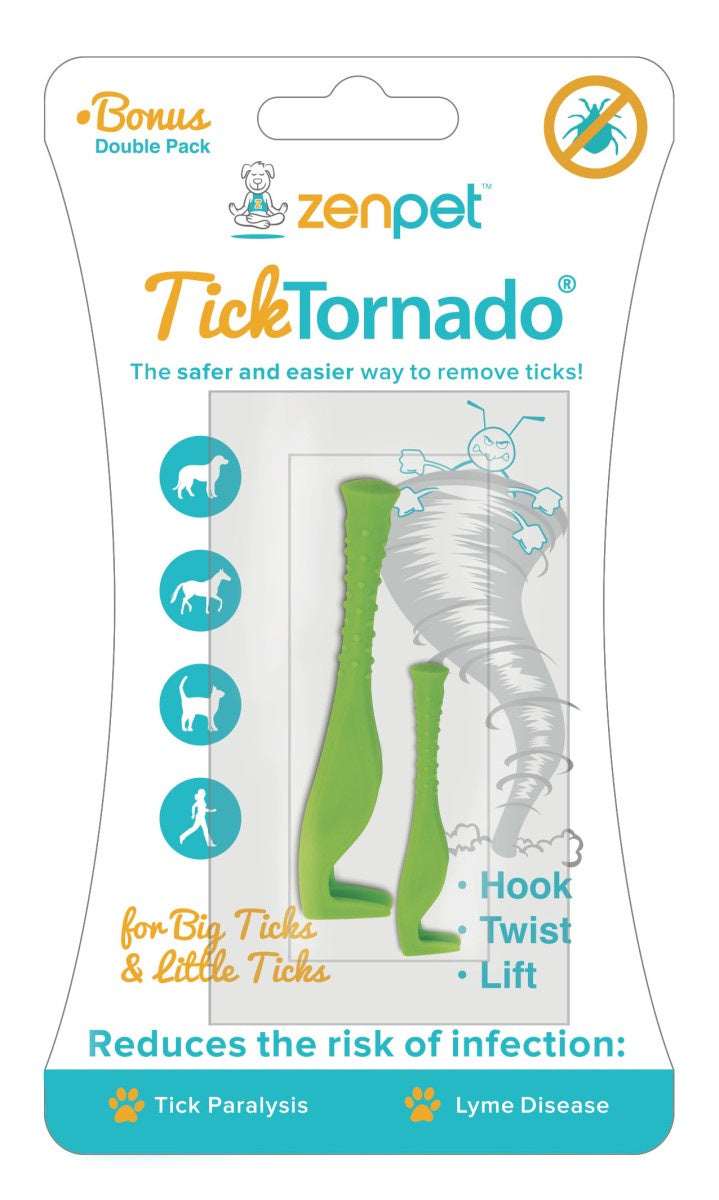 A ZenPet Tick Tornado double pack containing two green tick removal tools on a display card.