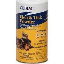 A container of Zodiac flea and tick powder for dogs, puppies, cats, and kittens.